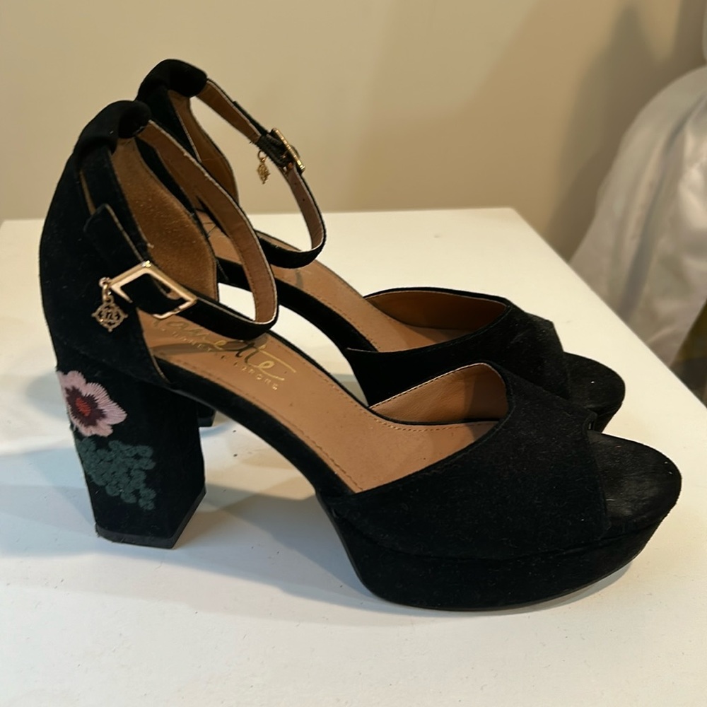 Nanette Lepore suede heel sandals with embroidered heel